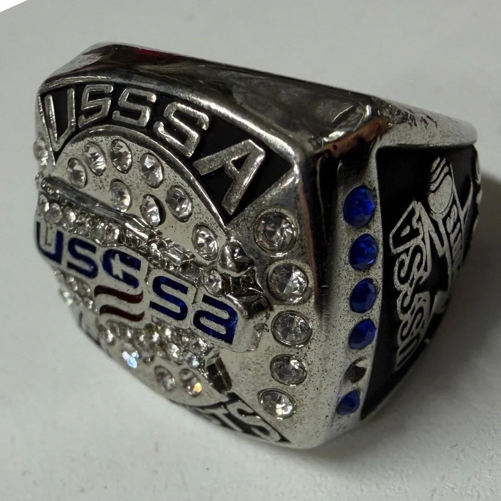 USSSA Baseball Championship Ring Silver Tone Rhinestone Blue Accents Collectible